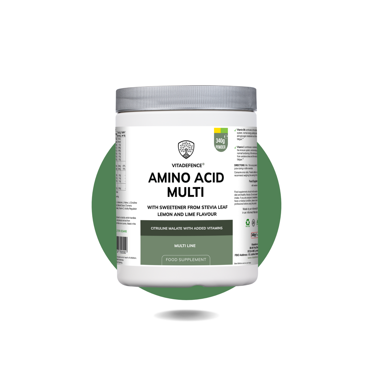 Vitadefence® Amino Acid Multi | Lemon & Lime Flavour with Citrulline Malate, BCAAs & Vitamins – 300 g
