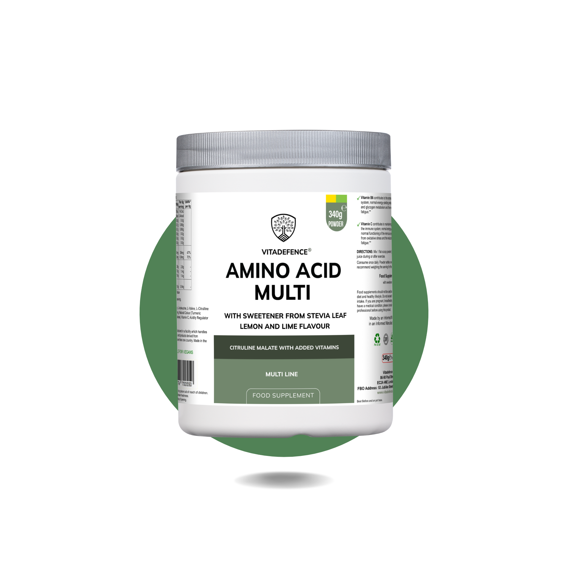 Amino Acid Multi with sweetener from stevia leaf lemon & lime flavour  citrulline malate with added vitamins Vitadefence®