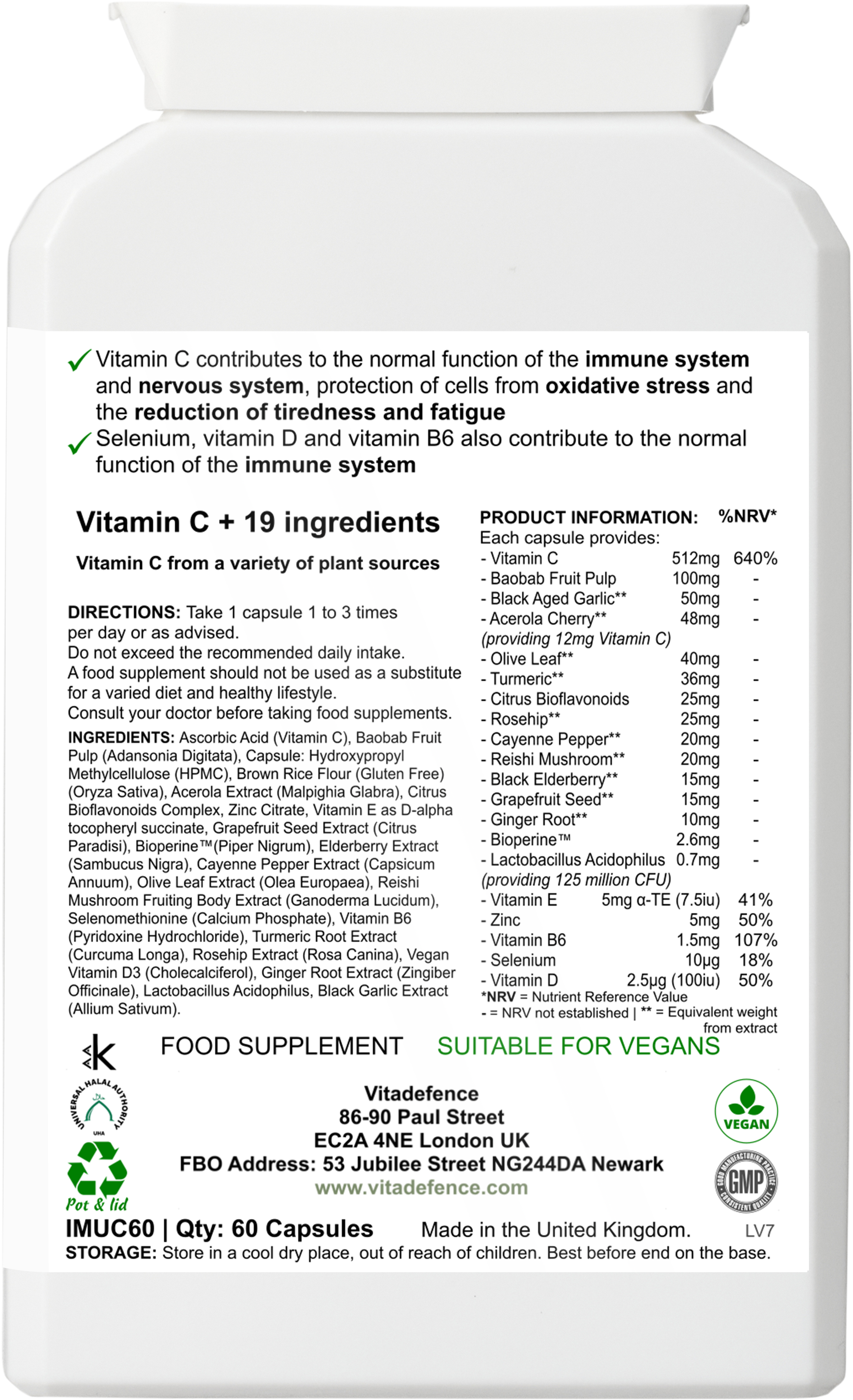 Vitamin C Multi with Botanicals - 60 Capsules Food Supplement by Vitadefence