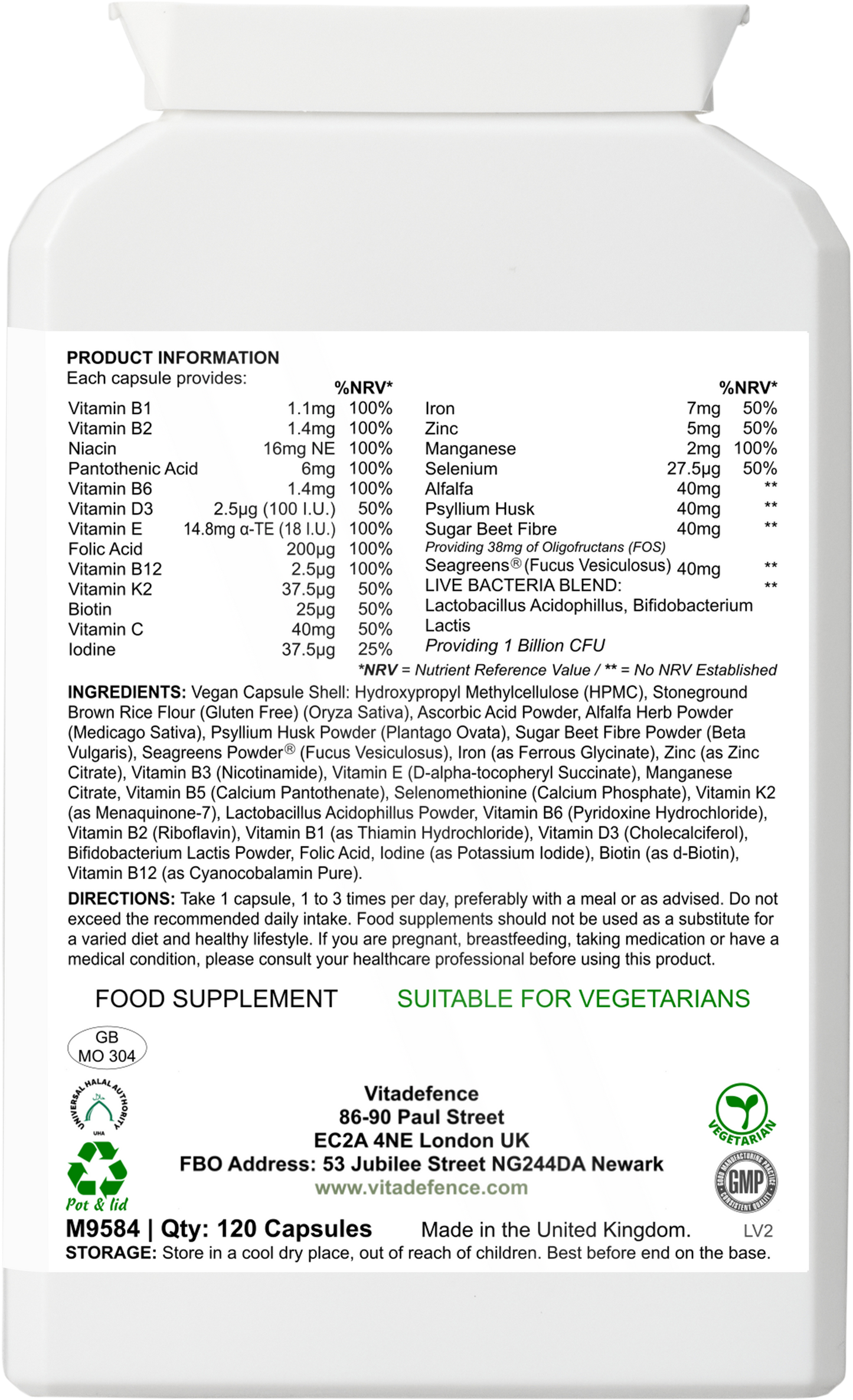 Vitadefence® Vitamins Multi | With Botanicals, Minerals & Live Cultures – 120 Capsules