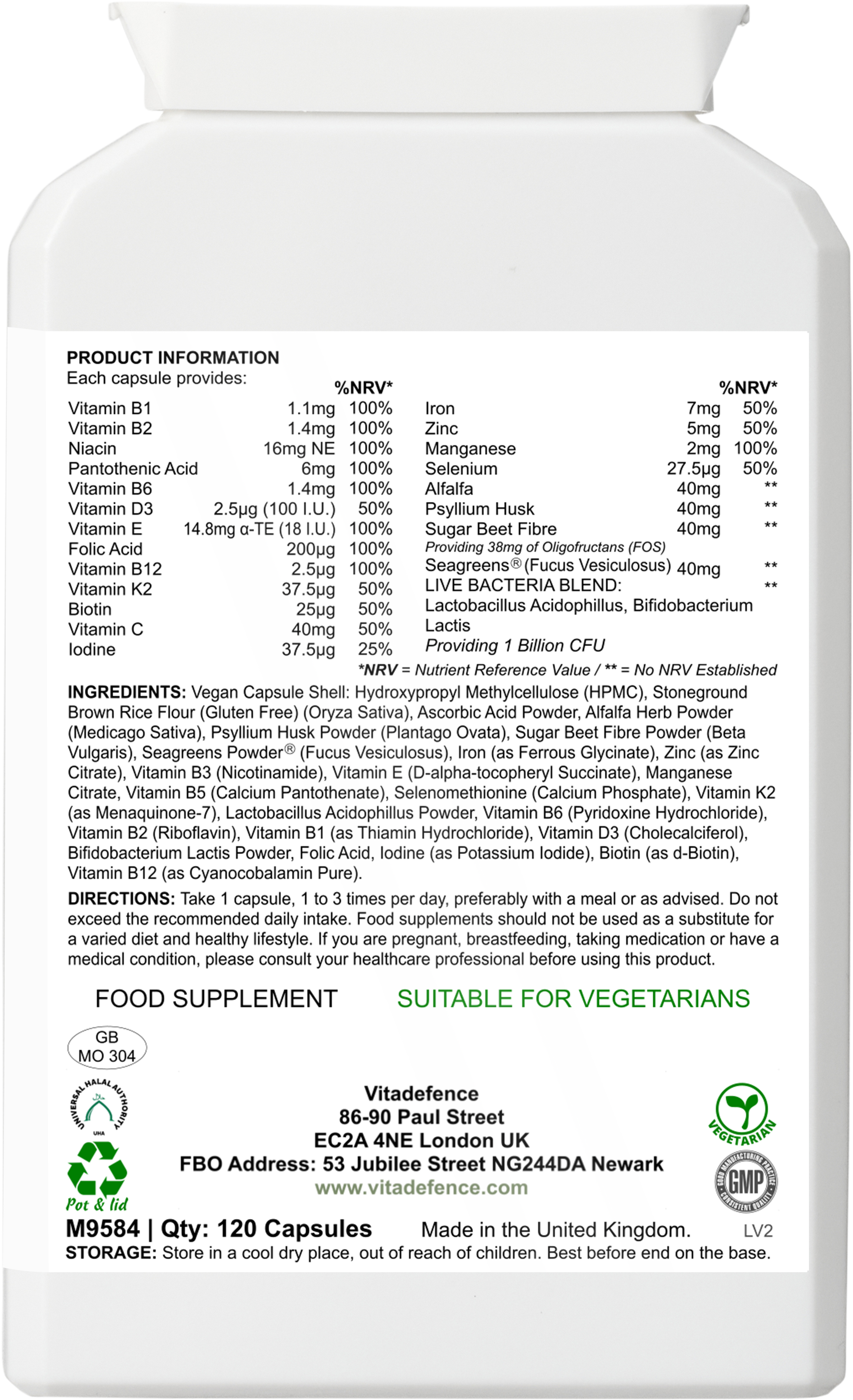 Vitamins Multi with Botanicals and Live Cultures - 120 Capsules Food Supplement by Vitadefence
