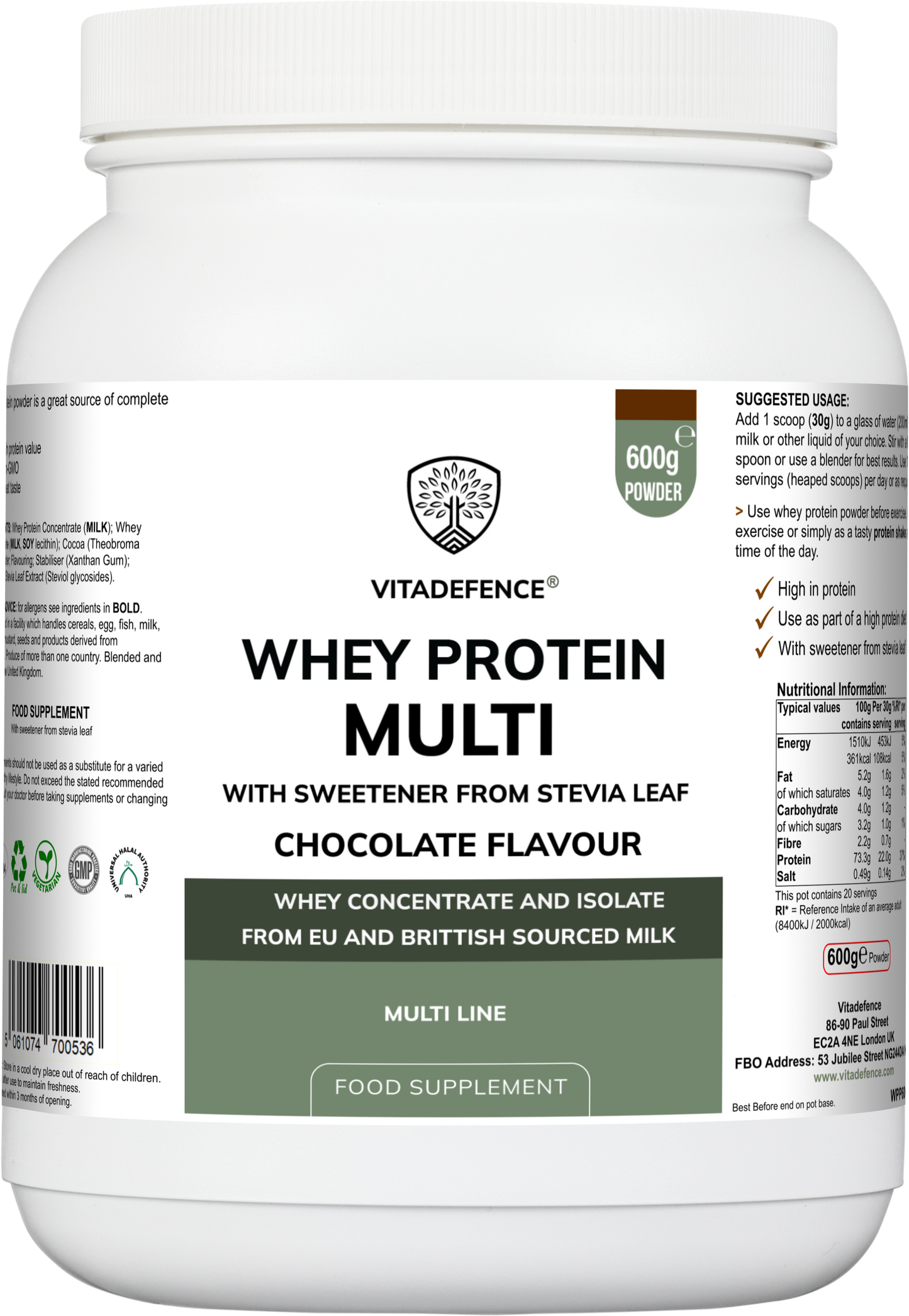 Vitadefence® Whey Protein Multi | Chocolate Flavour Protein Powder with Stevia – 600 g