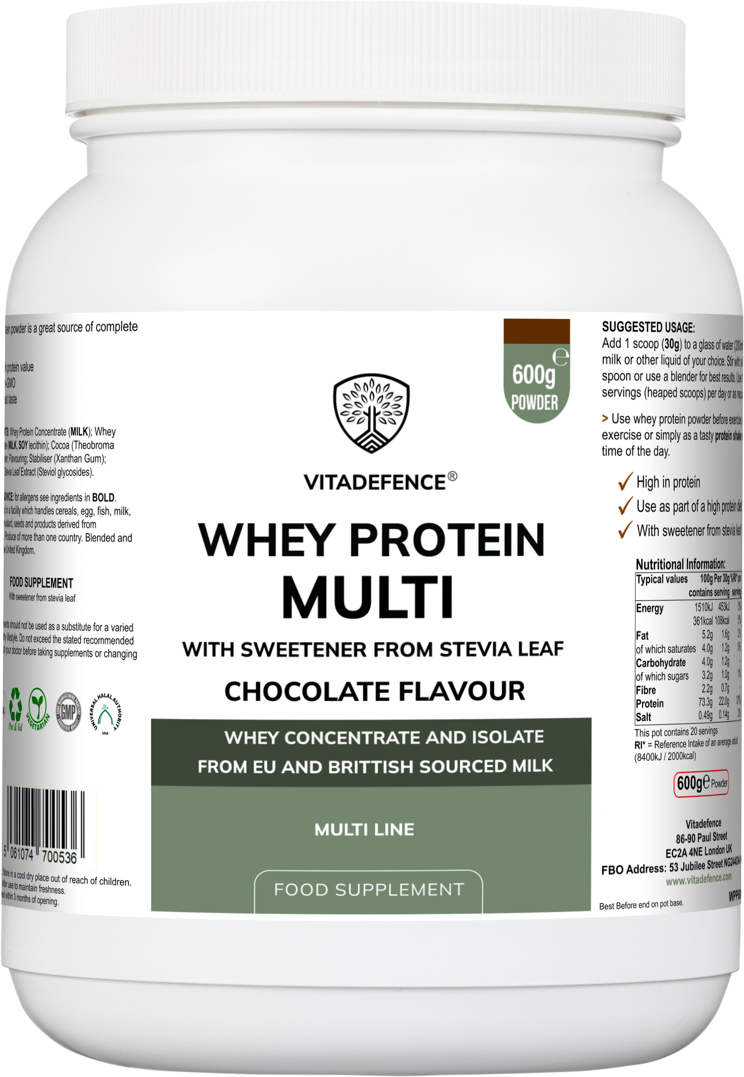 Whey Protein Multi Chocolate Flavour with Stevia - 600g Powder Food Supplement by Vitadefence
