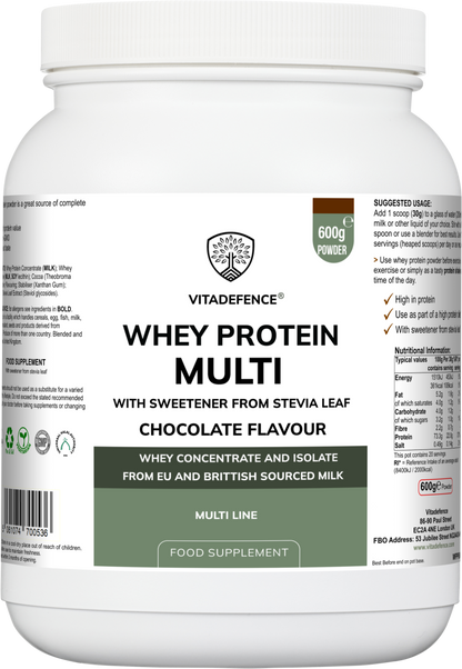 Vitadefence® Whey Protein Multi | Chocolate Flavour Protein Powder with Stevia – 600 g