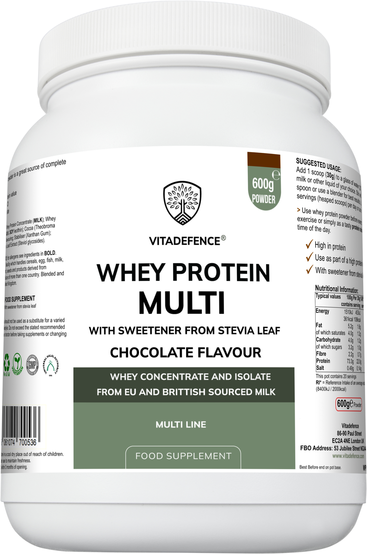 Vitadefence® Whey Protein Multi | Chocolate Flavour Protein Powder with Stevia – 600 g