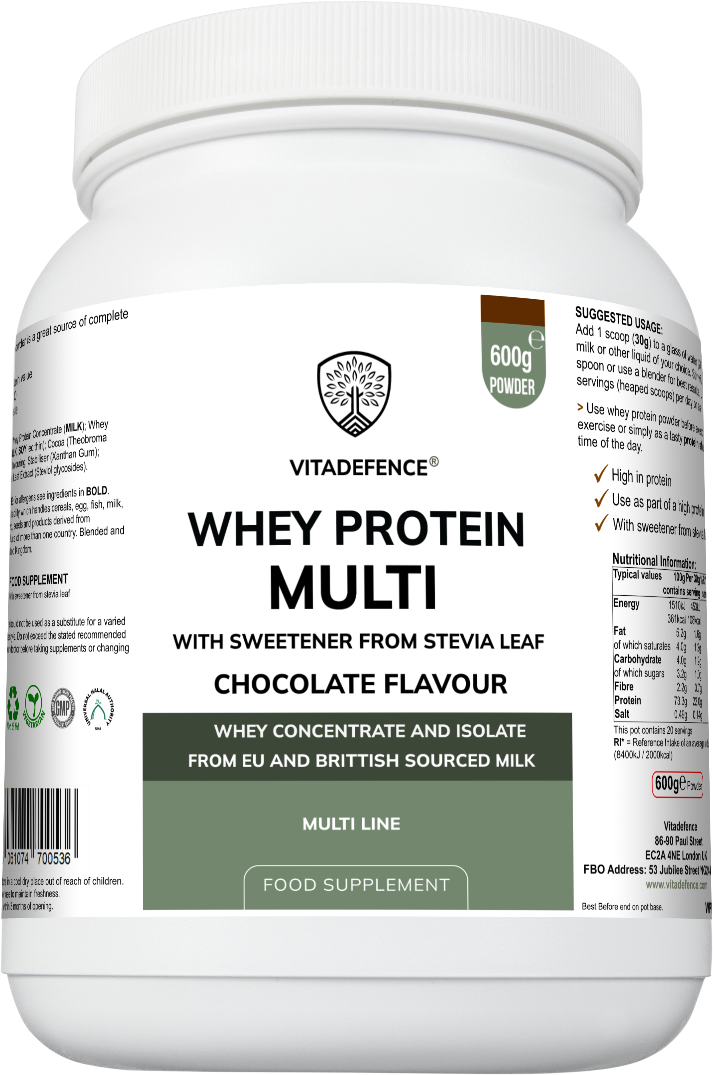 Whey Protein Multi Chocolate Flavour with Stevia - 600g Powder Food Supplement by Vitadefence
