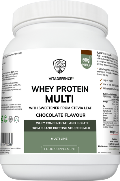 Vitadefence® Whey Protein Multi | Chocolate Flavour Protein Powder with Stevia – 600 g