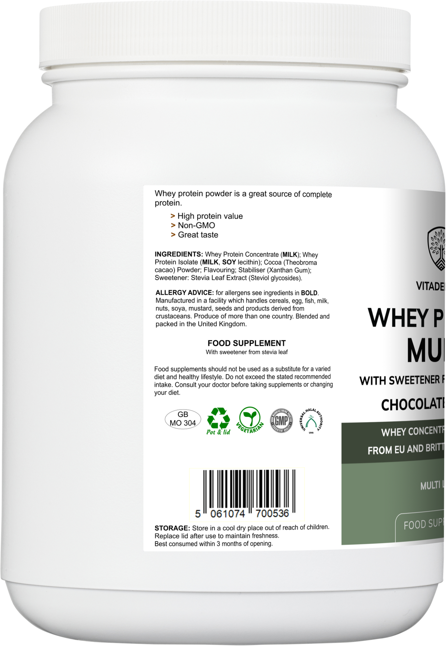 Vitadefence® Whey Protein Multi | Chocolate Flavour Protein Powder with Stevia – 600 g