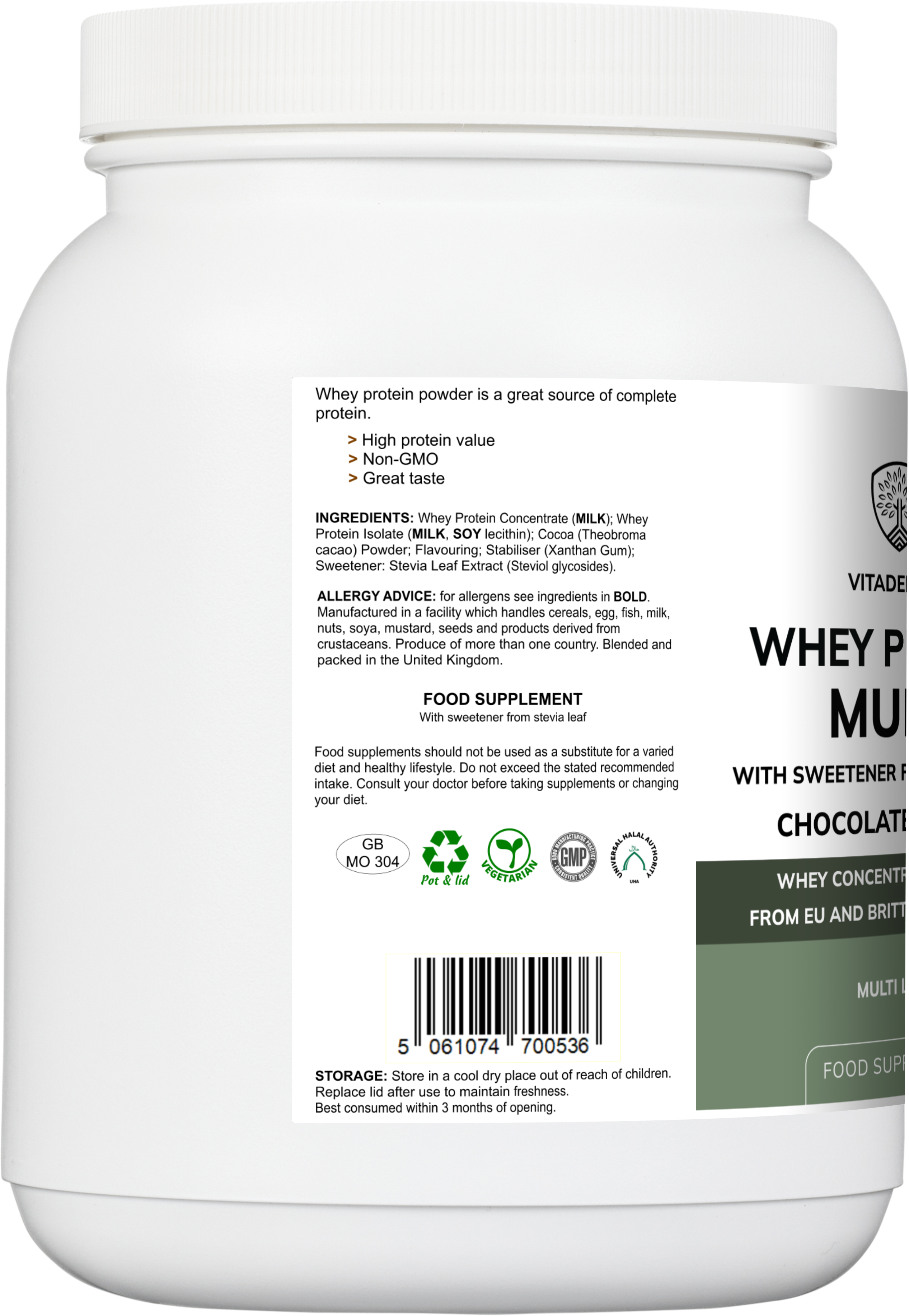 Whey Protein Multi Chocolate Flavour with Stevia - 600g Powder Food Supplement by Vitadefence