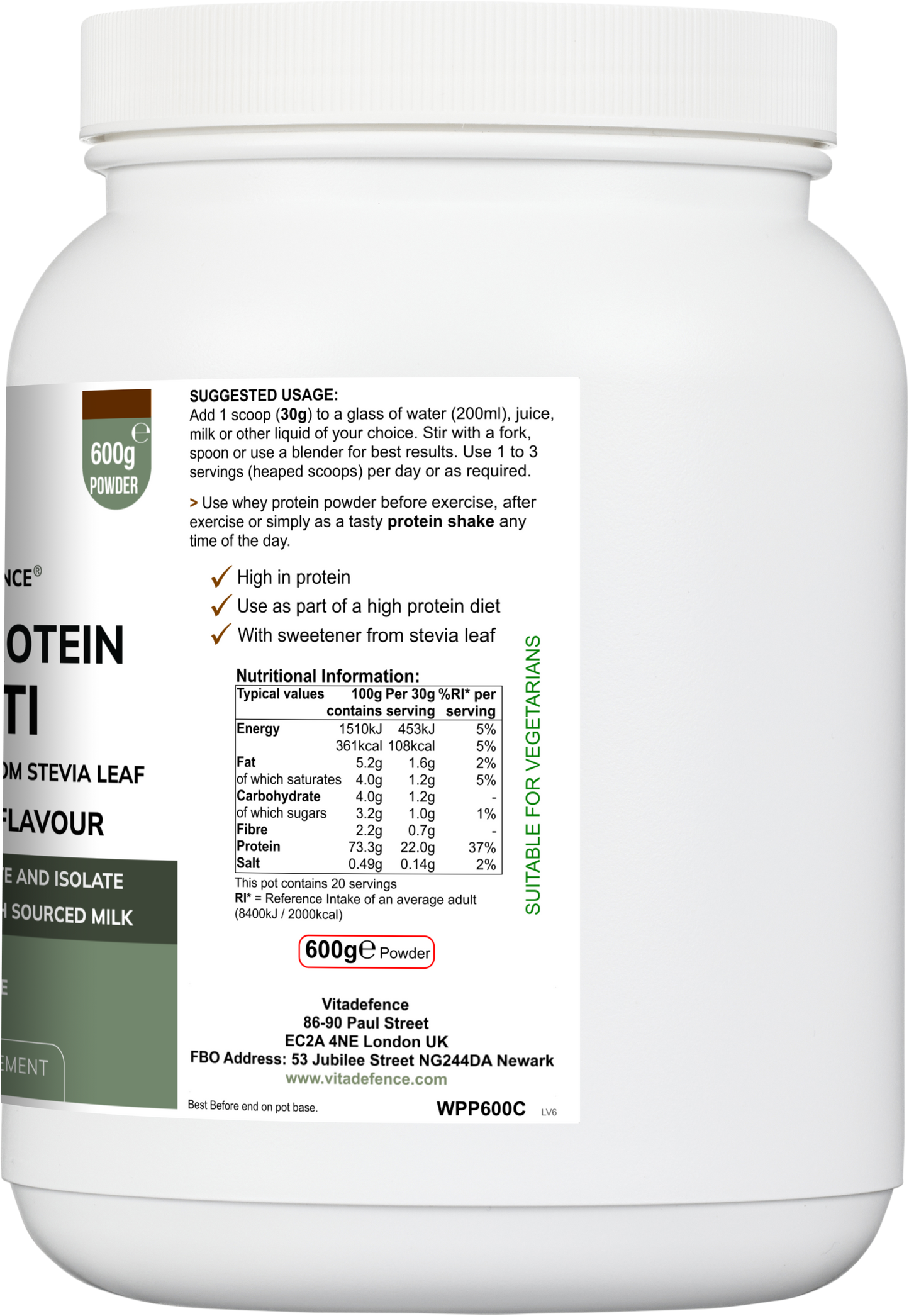 Vitadefence® Whey Protein Multi | Chocolate Flavour Protein Powder with Stevia – 600 g