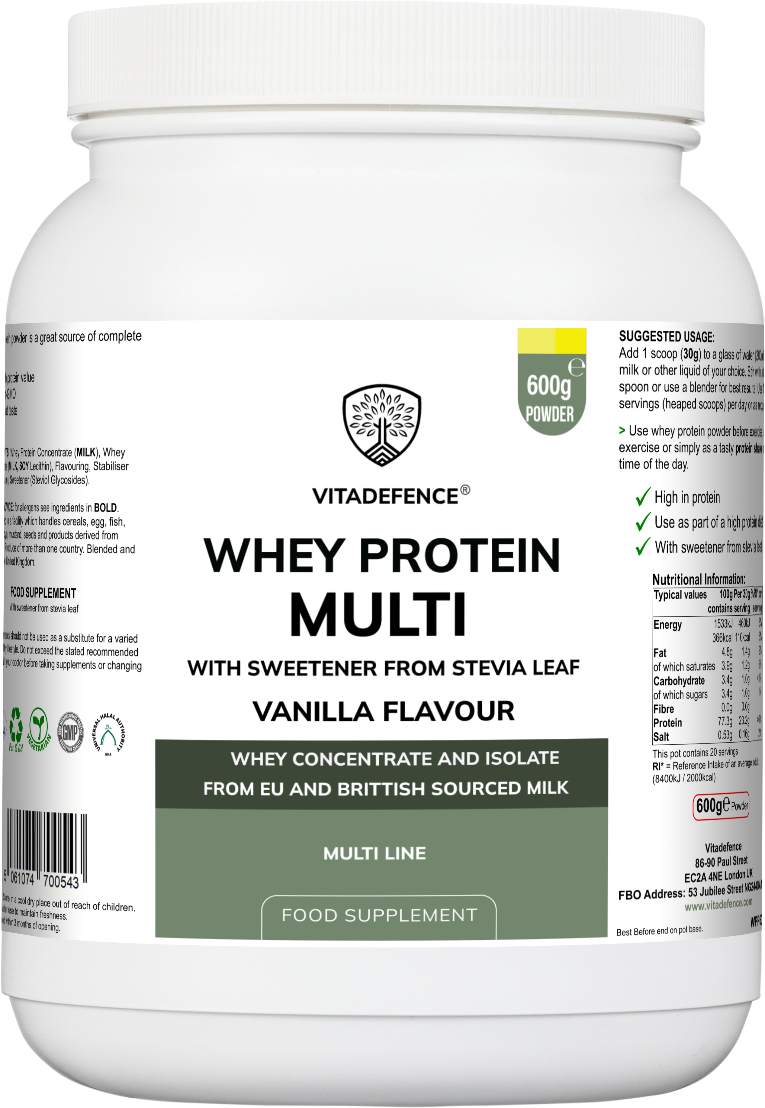Whey Protein Multi Vanilla Flavour with Stevia - 600g Powder Food Supplement by Vitadefence