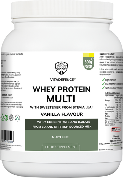 Vitadefence® Whey Protein Multi | Vanilla Flavour Protein Powder with Stevia – 600 g