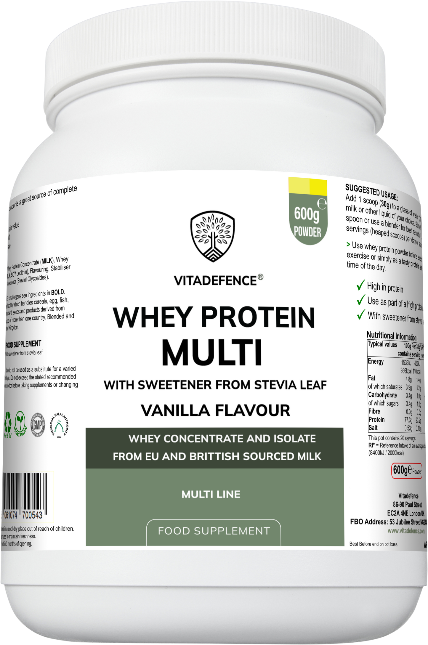Vitadefence® Whey Protein Multi | Vanilla Flavour Protein Powder with Stevia – 600 g