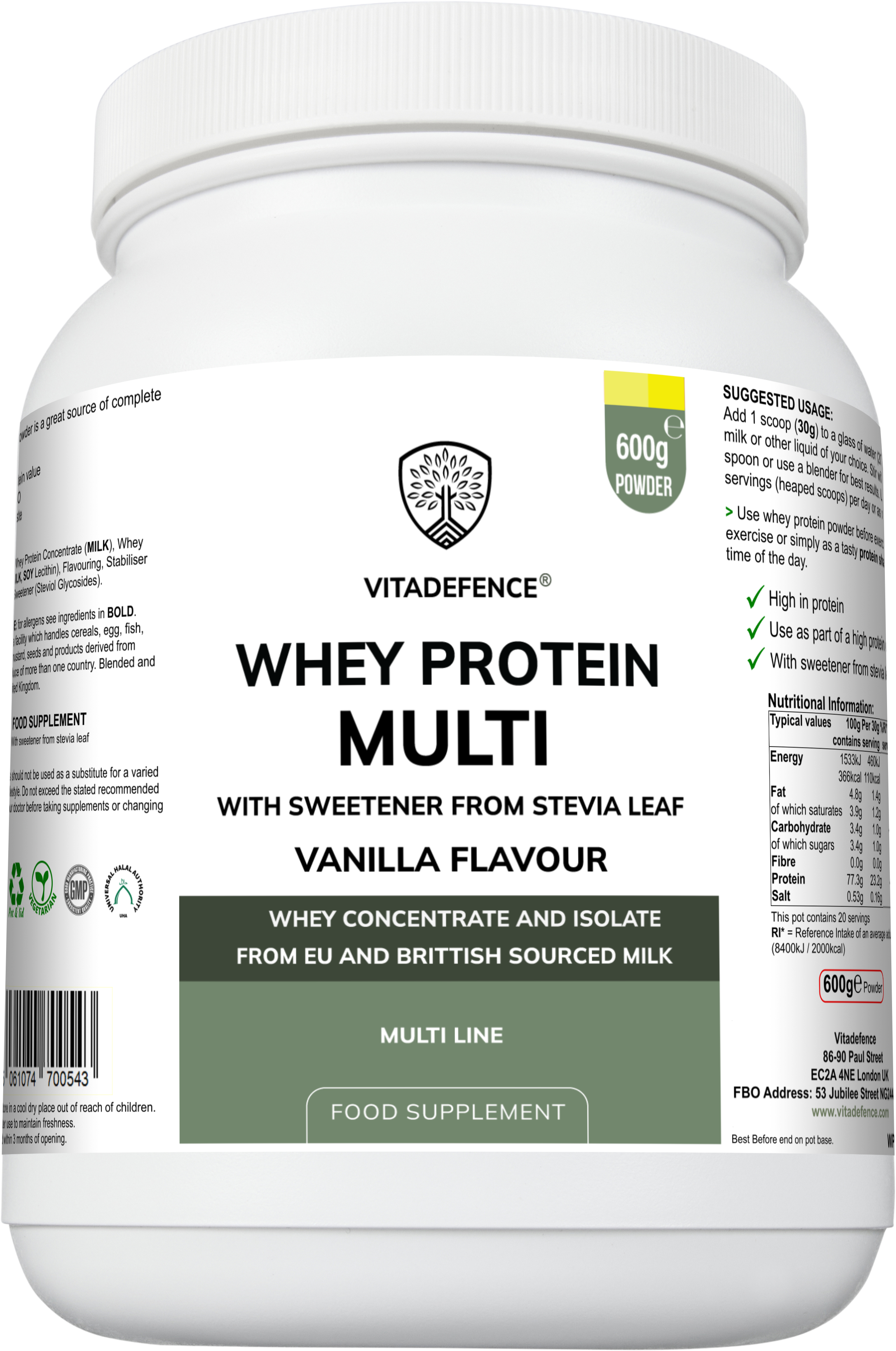 Whey Protein Multi Vanilla Flavour with Stevia - 600g Powder Food Supplement by Vitadefence