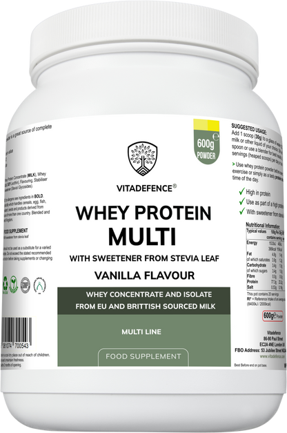 Vitadefence® Whey Protein Multi | Vanilla Flavour Protein Powder with Stevia – 600 g