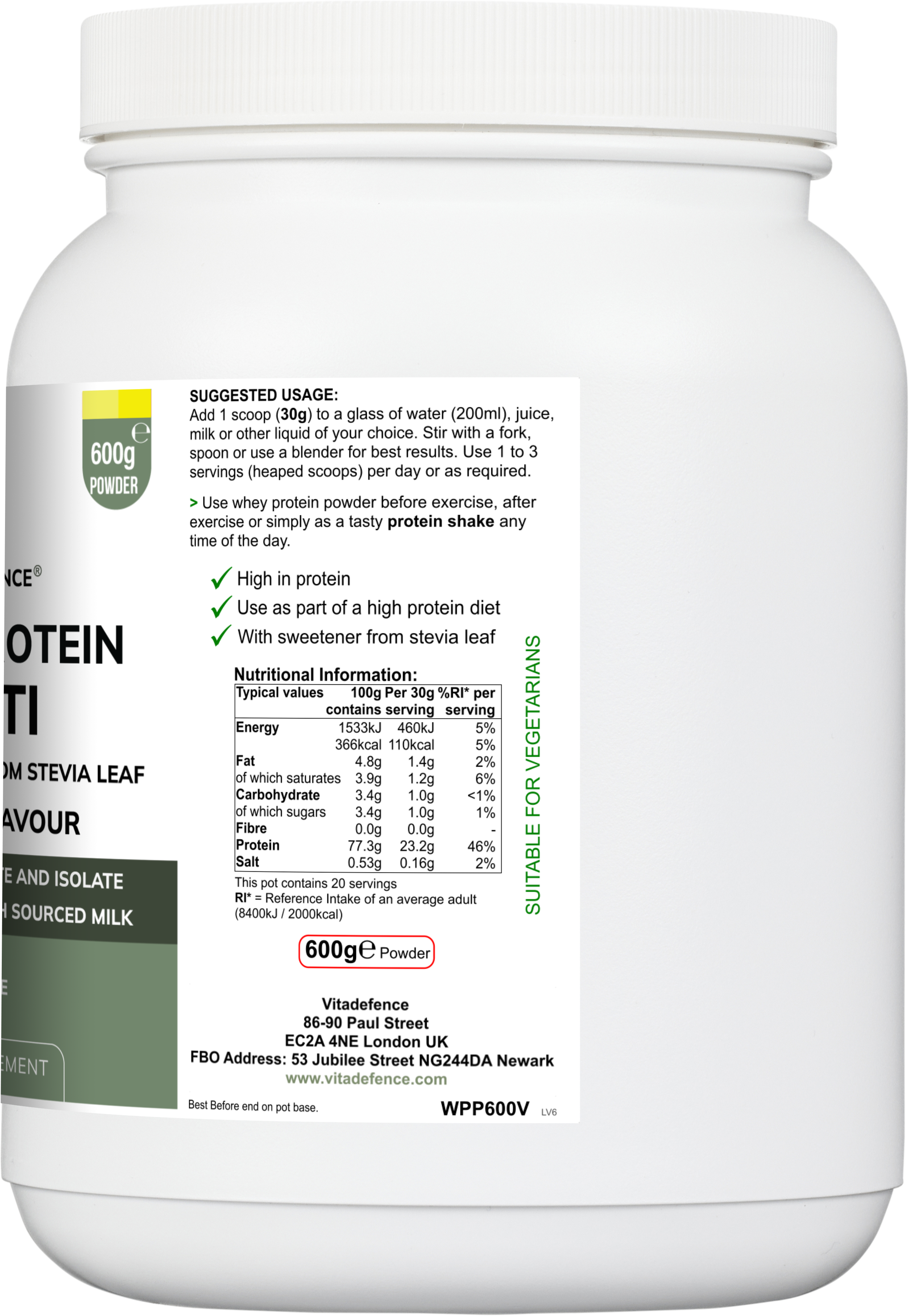 Whey Protein Multi Vanilla Flavour with Stevia - 600g Powder Food Supplement by Vitadefence