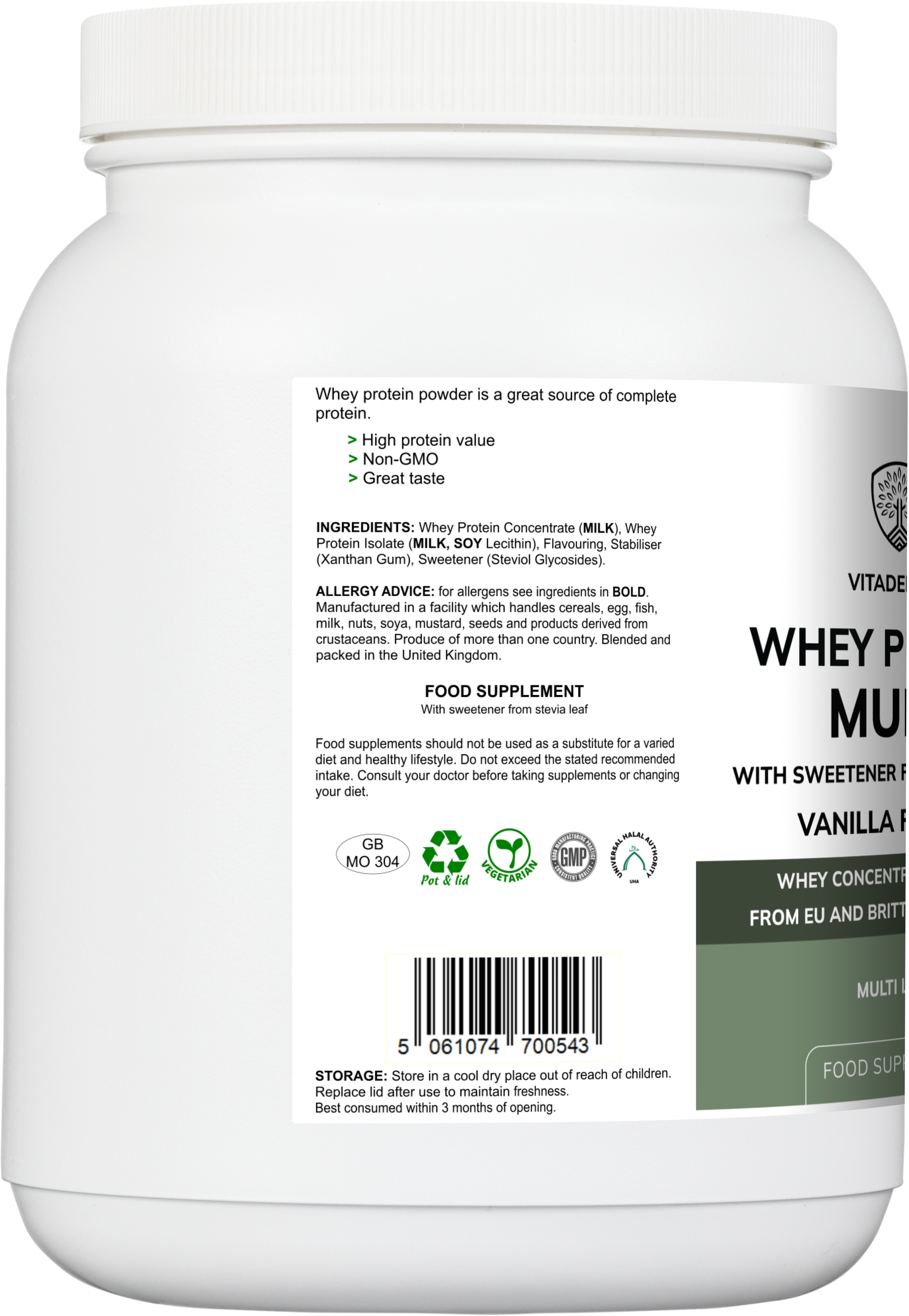 Whey Protein Multi Vanilla Flavour with Stevia - 600g Powder Food Supplement by Vitadefence