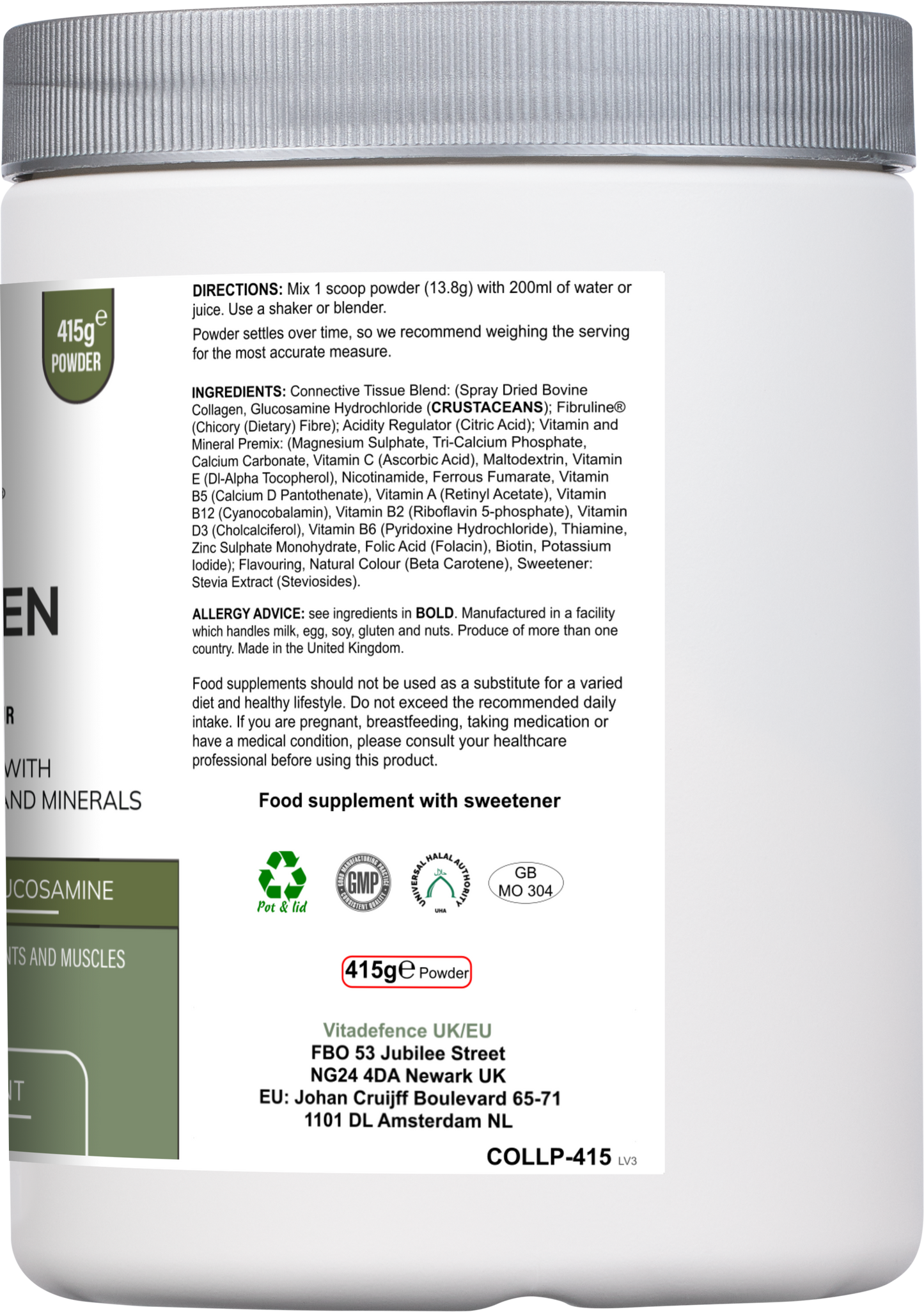 Vitadefence® Collagen Multi | Orange Flavour Powder with Glucosamine, Vitamins & Minerals – 415 g