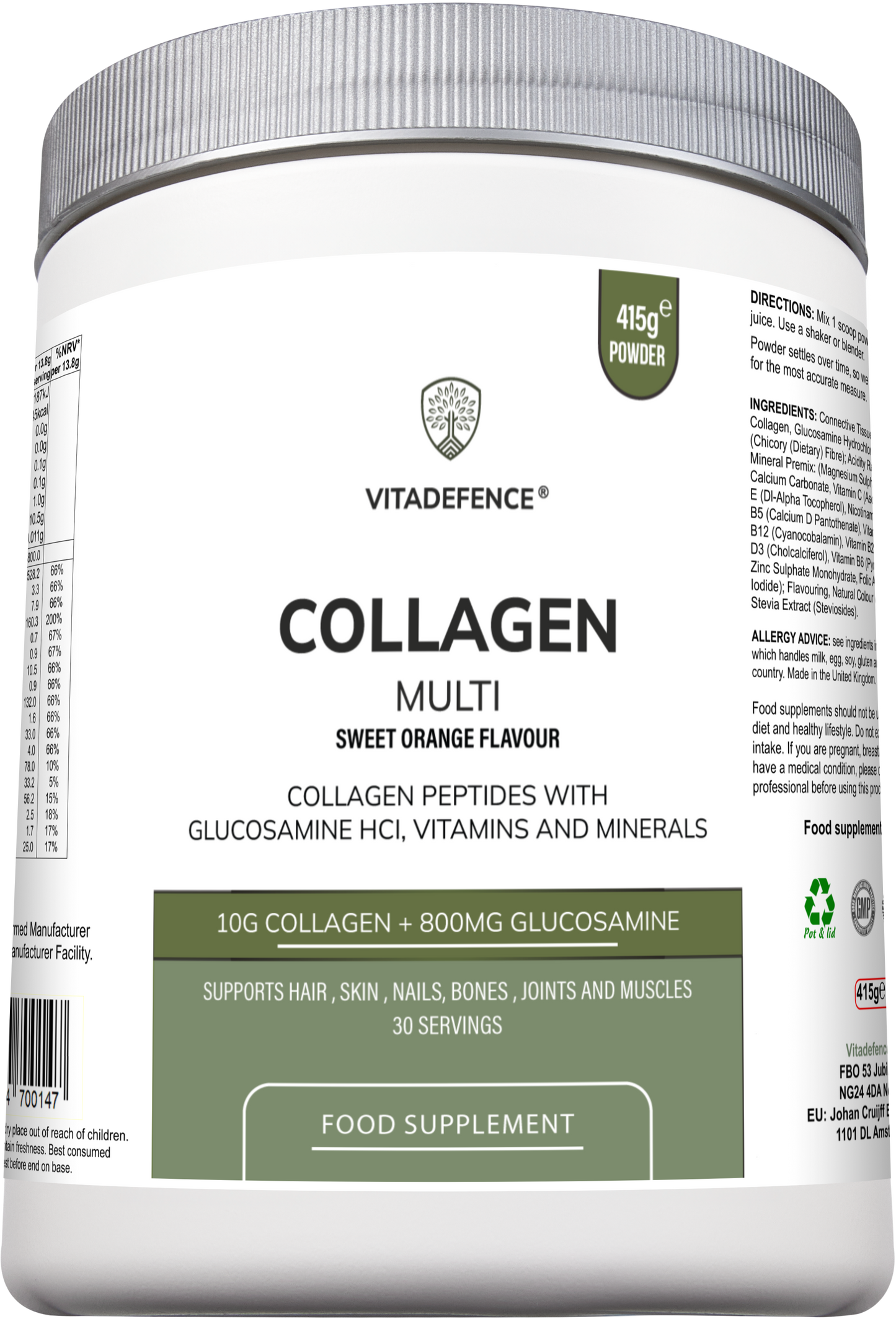 Vitadefence® Collagen Multi | Orange Flavour Powder with Glucosamine, Vitamins & Minerals – 415 g