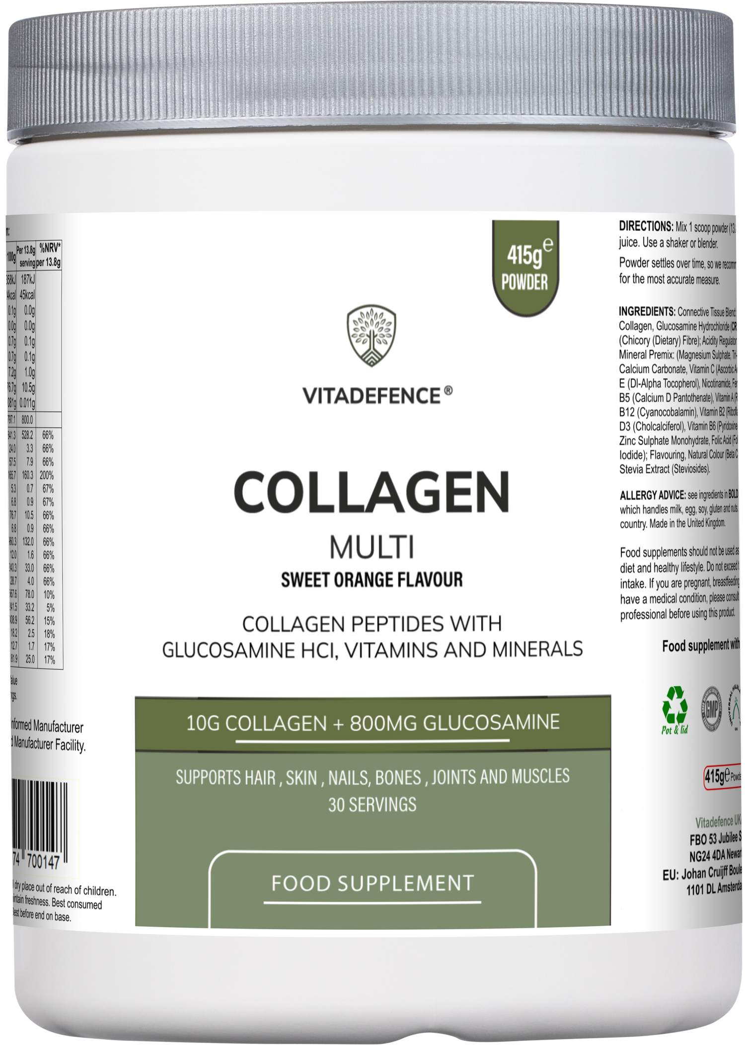 Vitadefence® Collagen Multi | Orange Flavour Powder with Glucosamine, Vitamins & Minerals – 415 g