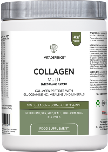 Vitadefence® Collagen Multi | Orange Flavour Powder with Glucosamine, Vitamins & Minerals – 415 g